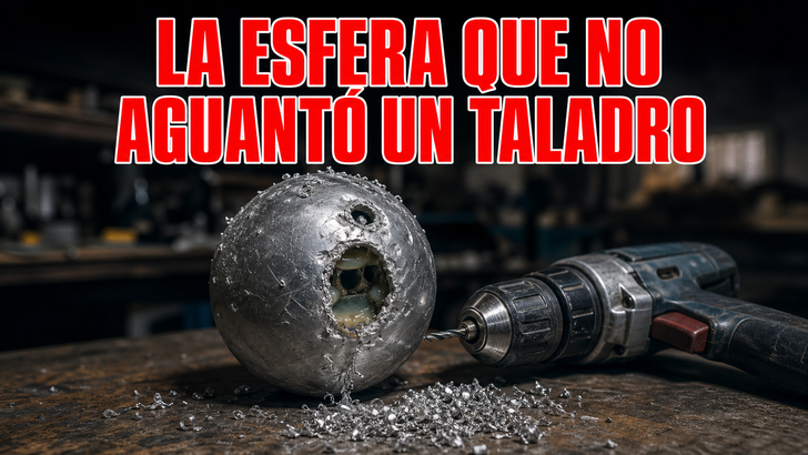 Esfera metálica perforada junto a un taladro en una mesa de taller