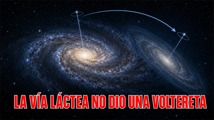 Representación de la Vía Láctea reorientándose lentamente, con el título La Vía Láctea no dio una voltereta