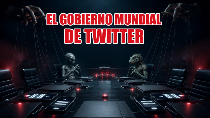 Cabecera de El gobierno mundial de Twitter: un gris y un reptiliano manejados como marionetas en una mesa de negociación