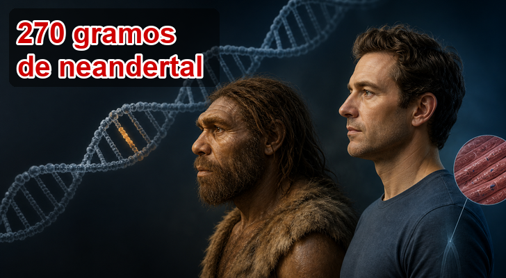 Comparación entre un neandertal y un humano moderno junto a una hélice de ADN