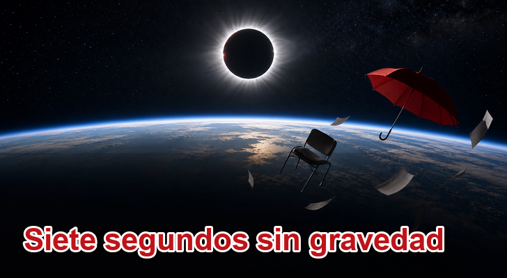 Ilustración del eclipse del 12 de agosto de 2026 y objetos flotando, con el título Siete segundos sin gravedad