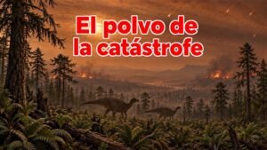 El polvo de la catástrofe: título rojo con borde blanco sobre una ilustración de dinosaurios bajo un cielo de polvo e incendios lejanos.