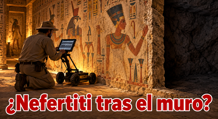 Ilustración conceptual de una pared de tumba egipcia examinada con georradar, con el texto «¿Nefertiti tras el muro?»