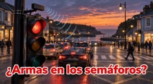 Ilustración conceptual de un detector sobre un semáforo en un cruce costero, con el texto «¿Armas en los semáforos?»