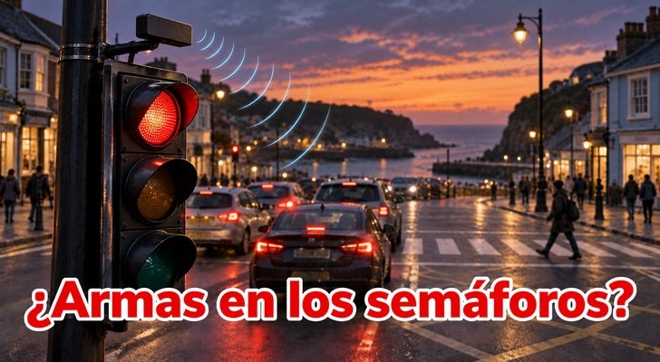 Ilustración conceptual de un detector sobre un semáforo en un cruce costero, con el texto «¿Armas en los semáforos?»