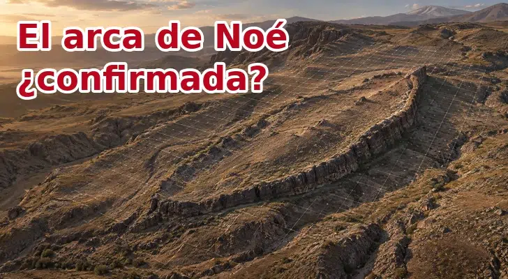 Ilustración editorial de una formación rocosa alargada con una retícula de radar y el texto «El arca de Noé, ¿confirmada?»