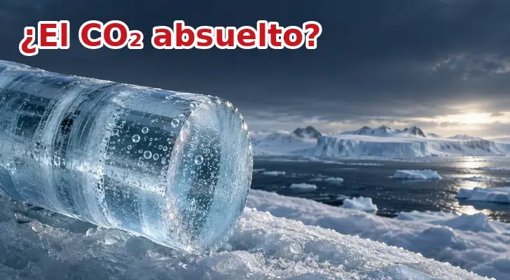 Ilustración de un testigo de hielo antártico con burbujas de aire y un paisaje polar; texto: ¿El CO₂ absuelto?