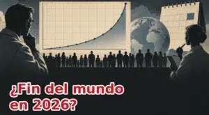 Ilustración conceptual de una curva de población que asciende hacia un calendario, con el texto «¿Fin del mundo en 2026?»
