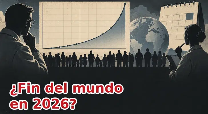 Ilustración conceptual de una curva de población que asciende hacia un calendario, con el texto «¿Fin del mundo en 2026?»