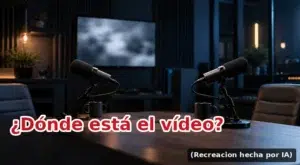 Recreación hecha por IA de un estudio de pódcast vacío, con dos micrófonos y una pantalla borrosa. Sobreimpreso: «¿Dónde está el vídeo?» y «(Recreacion hecha por IA)».