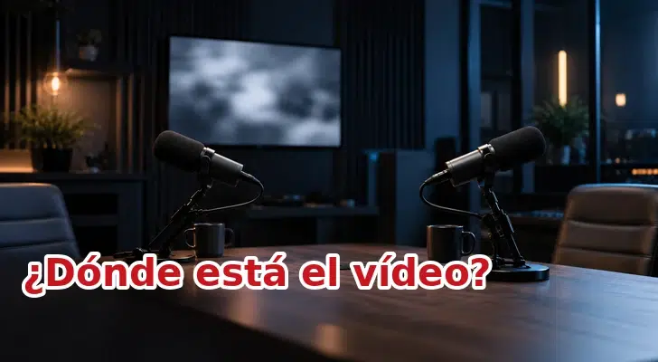 Ilustración de un estudio de pódcast vacío, con dos micrófonos y una pantalla borrosa. Sobreimpreso: ¿Dónde está el vídeo?