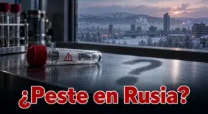Ilustración conceptual de una muestra de laboratorio ante una ciudad siberiana, con el texto «¿Peste en Rusia?»